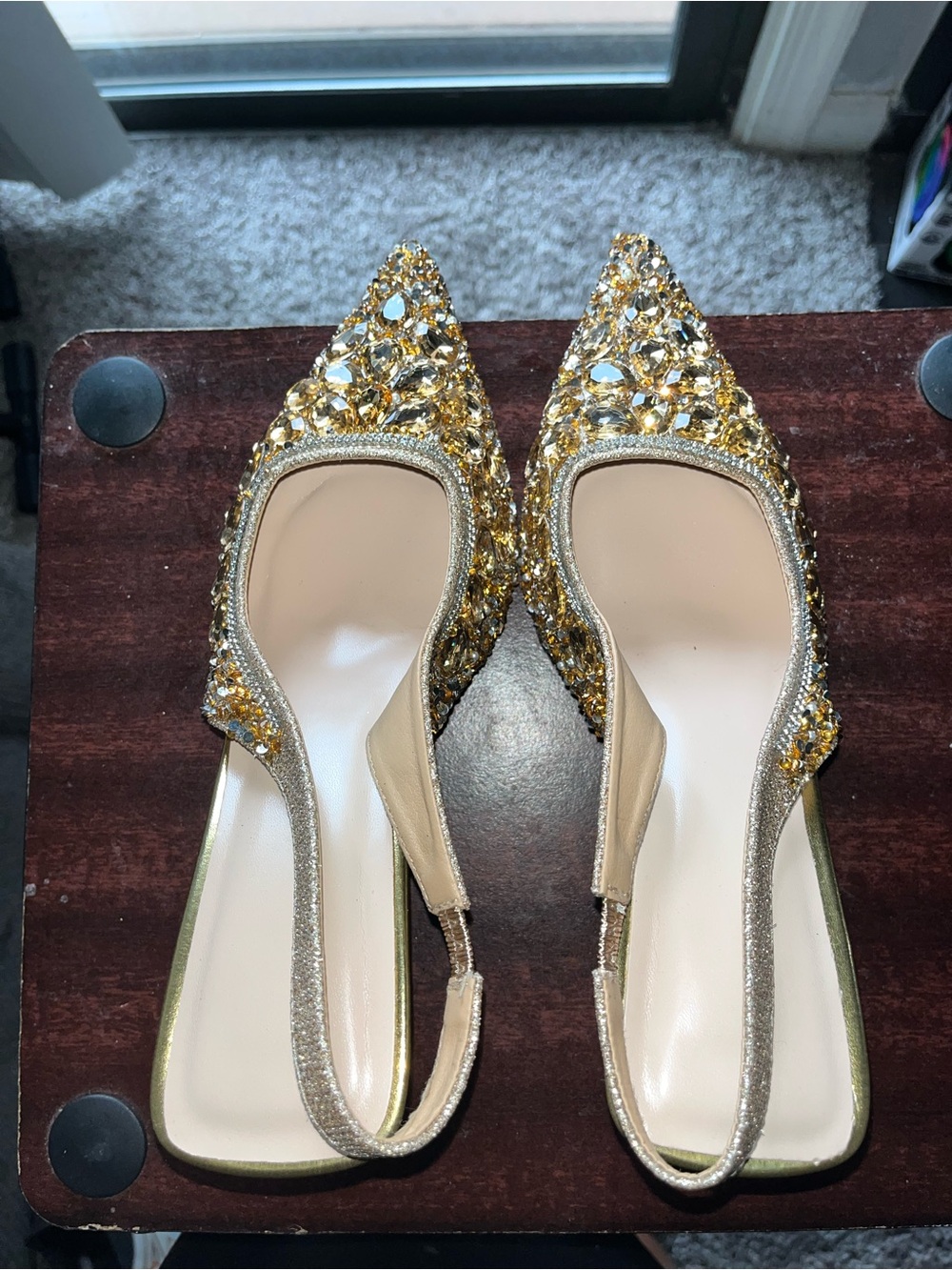 Gold Crystal Embellished Pointed Slingback Heels - Women